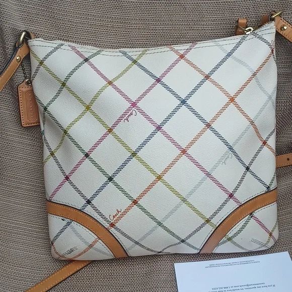 Coach Multi Color Plaid Tattersall Larger Crossbody Bag with Tan Leather Accents - Picture 5 of 17